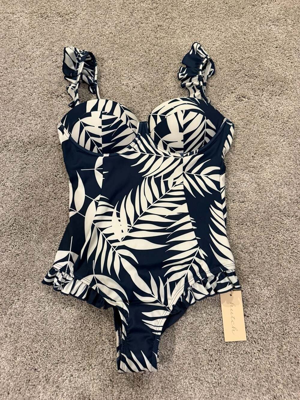 Hutch McKenzie One-Piece Swimsuit Size M Navy Palm Leaf Ruffle